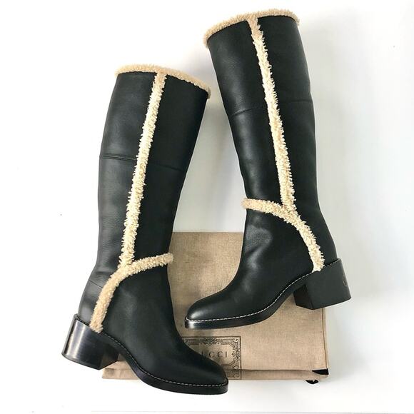 Gucci Shearling Trim Black Leather Knee High Pull On Riding Boots 37 - Picture 2 of 10